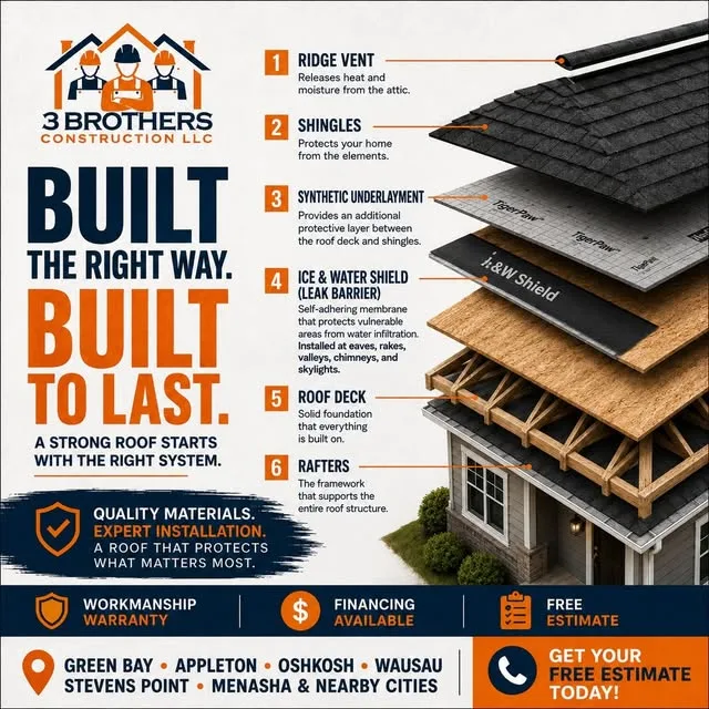 3 Brothers Construction Instagram post: roof system layers explained