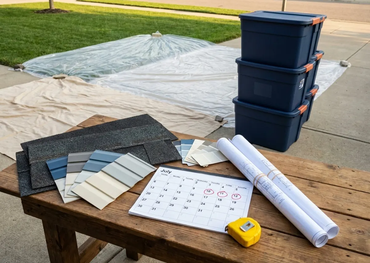 Material samples, color swatches and project plans laid out for a job