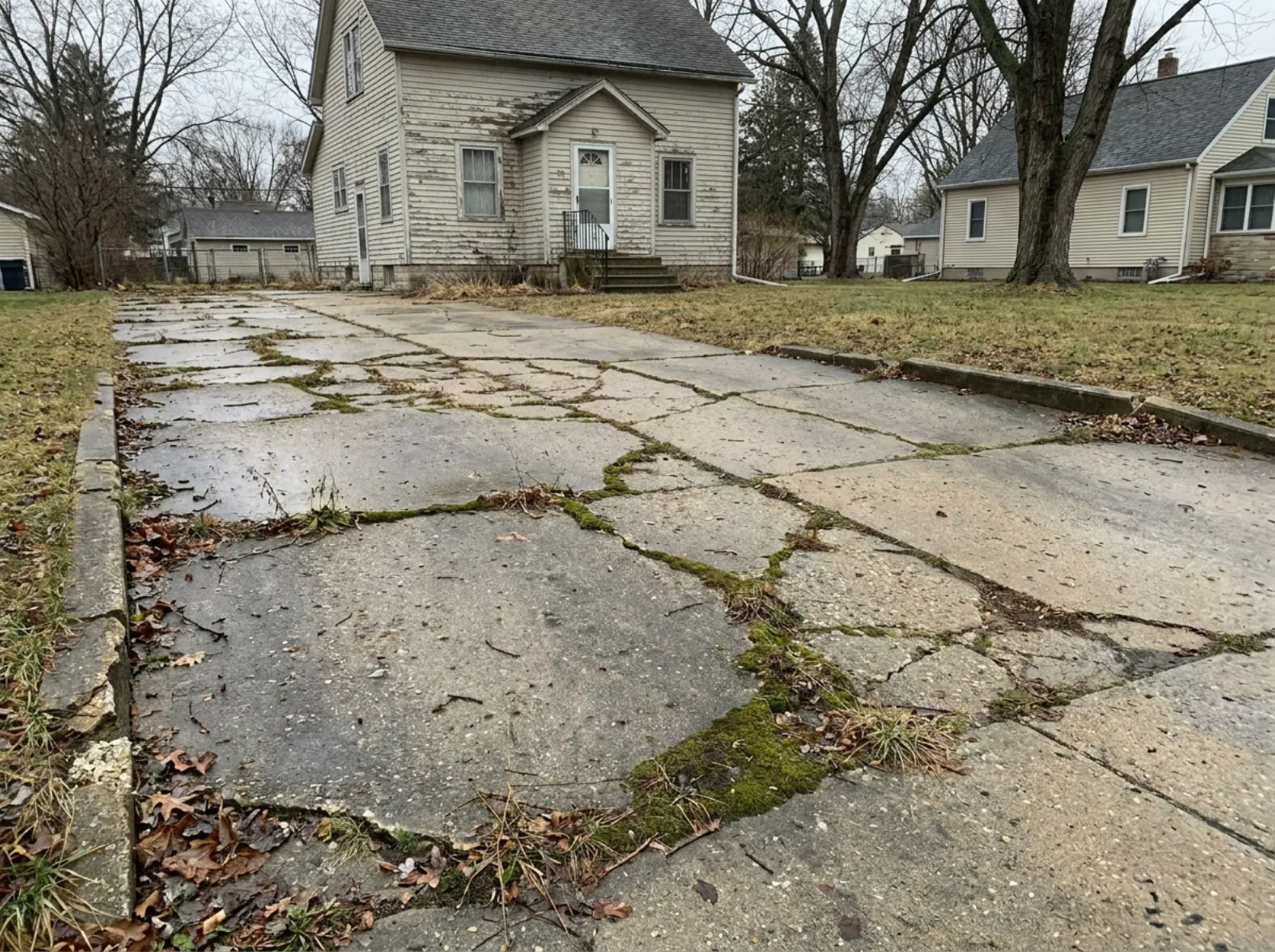 Before: cracked concrete driveway before repair
